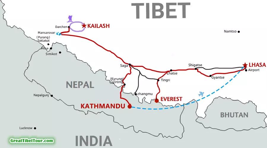 Travel route to Mount Kailash