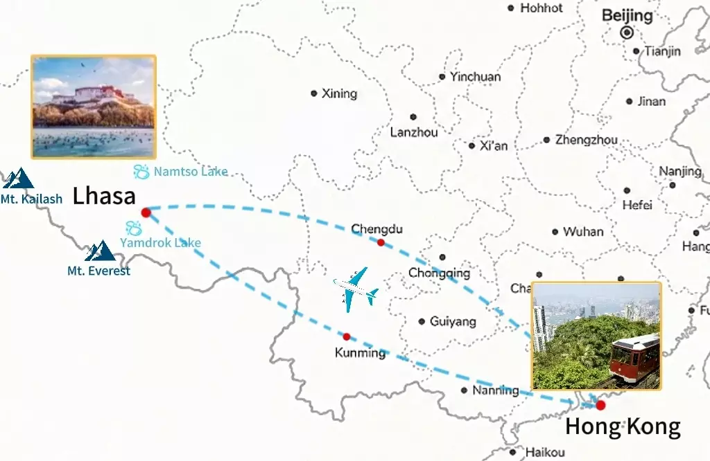 Mapa de viaje de Hong Kong a Lhasa